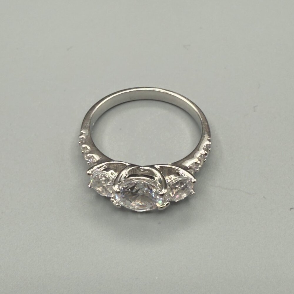 Three Stone Cubic Zirconia Engagement Ring Silver Tone Round Cut Size 6 - Picture 3 of 14